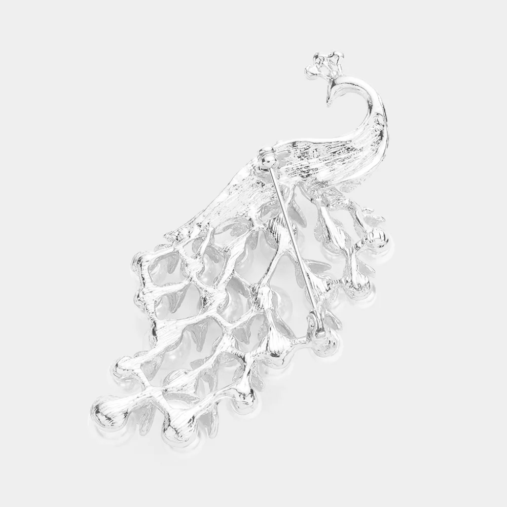 Silver Pearl Peacock Rhinestone Crystal Bling 2.5 Inch Brooch Pin Accessory